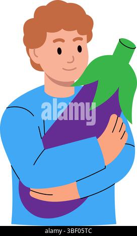 Garçon tenant une aubergine violette à la main. Alimentation saine, nourriture végétalienne et concept de style de vie biologique. Légume de ferme biologique. Illustration vectorielle. Illustration de Vecteur