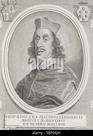 Cour pontificale, Rome, Rossi, Giovanni Giacomo de', Sustermans, Justus, Cloudet, Albertus, Effigies Nomina et Cagnomina S.D.N. Alexandri Papae VII et RR. DD. SRE. Cardd., Portrait du Cardinal Leopoldo de Médicis, Portrait du Cardinal Leopoldo de Médicis. Au-dessus des armes du Pape à gauche Clemens IX et au-dessus à droite l'arme du Cardinal. Au bas d'une légende en latin. L'impression fait partie d'un album., impression, feuille d'album, impressions, hauteur 193 mm, largeur 142 mm, 1636-06-22 - 1679-08-20, graveur, 1667 - 1679, troisième quart 17ème siècle, papier, gravure, gravure (procédé d'impression), Sud d Banque D'Images