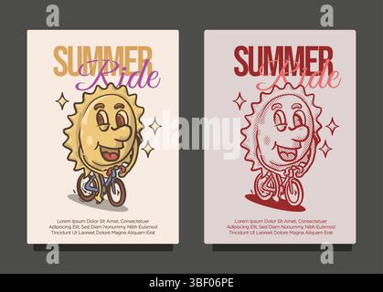 sourire soleil funky mascotte ride vélo de route pour le concept de vélo d'été. illustration vectorielle de mascotte de dessin animé de soleil de style vintage Illustration de Vecteur