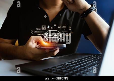 L’utilisateur interagit avec le chatbot IA sur smartphone, mettant en avant l’intelligence artificielle, l’assistant mobile et l’interface technologique futuriste. Banque D'Images