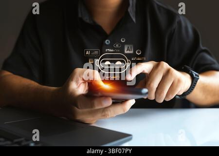 L’utilisateur interagit avec le chatbot IA sur smartphone, mettant en avant l’intelligence artificielle, l’assistant mobile et l’interface technologique futuriste. Banque D'Images