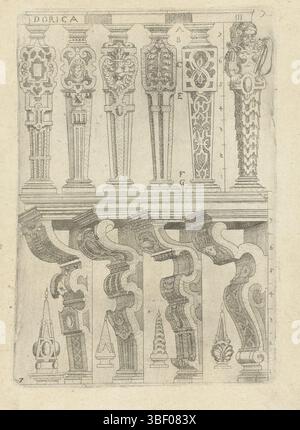 Cologne, Bussemacher, Johann, Allemagne, Kramer, Gabriel, Architectura von den funf Seuvlen, Dorica.III, six balustres ou termes de devant et quatre termes de côté, au-dessus de ses balustres ou termes de devant, il y a un maréchal avec un bâton sur la droite. En bas se trouvent des termes avec des pinakels représentés. Feuille 7 de la série de feuille de titre et 28 feuilles., impression, estampes ornementales, estampes, hauteur 282 mm, largeur 194 mm, - 1611, graveur, 1610 - 1610, premier quart 17ème siècle, papier, gravure, concept de travail, selon la conception, publication (événement), publication, allemand - 1627, éditeur Banque D'Images
