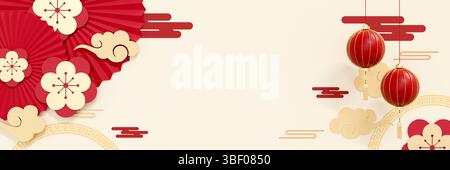 fond de nouvel an chinois rouge et or avec lanternes, fleurs de prunes, pétards et espace vide pour le texte, parfait pour les thèmes de célébration Banque D'Images