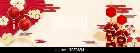 fond de nouvel an chinois rouge et or avec lanternes, fleurs de prunes, pétards et espace vide pour le texte, parfait pour les thèmes de célébration Banque D'Images