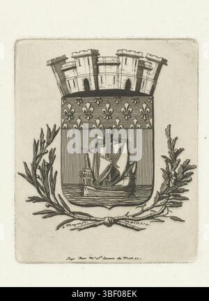 Meryon, Charles, Meryon, France, armes symboliques de la ville de Paris, Schild avec les armoiries de Paris avec les portes de la ville et les lys français et voilier, verso au milieu ci-dessus - estampillé, peint avec les armoiries de Paris décerné avec la rangée de quatre portes de la ville. Bord supérieur de l'écusson décoré de lys français. Ci-dessous, il y a un voilier exposé en mer. Le bouclier est placé entre une branche de chêne et une branche d'olivier., impression, hauteur 137 mm, largeur 111 mm, français, 1821-11-23 - 1868-02-14, graveur, 1854 - 1854, troisième quart 19e siècle, papier, gravure, dessinateur intermédiaire, après Banque D'Images