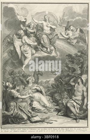 Amsterdam, Picart, Bernard, Amsterdam, Home page for : J. Lenfant en I. de Beausobre, le Nouveau Testament, 1718, le Christ apparaît aux personnifications des continents, verso en bas à gauche - estampillé, le Christ trône sur un arc-en-ciel dans le ciel, il pivote un serpent et un crâne, symbolisant respectivement le mal et la mort. La flamme de la foi brûle au-dessus de sa tête. Il prêche l'évangile aux personnages des continents, qui l'admirent de la terre. Sur la droite en arrière-plan, l'idolâtrie s'enfuit. À gauche dans le fond deux hommes surpris symbolisant le judaïsme. Dans la marge, une légende de deux lignes en FR Banque D'Images