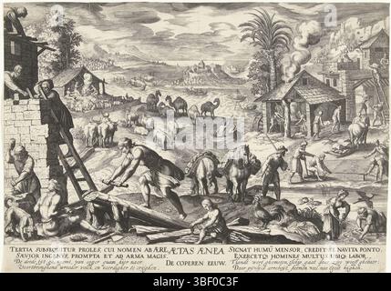 Baudous, Robert de, Lubbaeus, Richard, Tempesta, Antonio, les pays-Bas du Nord, Baudous, les quatre âges du monde, Aetas Aenea, la copie siècle, l'âge du bronze, verso milieu - estampillé, l'âge du bronze : activités de construction. Une maison est construite sur la gauche. Les matériaux sont insérés au milieu et sciés. Sous l'impression un verset en latin et en néerlandais de quatre lignes chacun. Tirage d'une série de quatre tirages avec des paysages représentant les âges du monde., tirage, hauteur 232 mm, largeur 330 mm, 1574 - 1659, graveur, 1591 - 1659, quatrième quart du xvie siècle, premier quart du xviie siècle, deuxième quart du xviie siècle de notre ère Banque D'Images