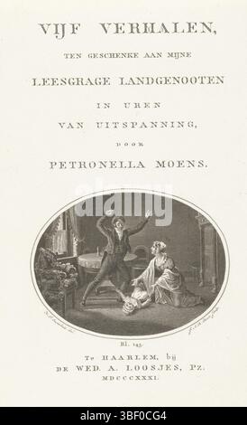 Haarlem, Loosjes, veuve Adriaan Pietersz., Oosterhuis, H.P., Amsterdam, Best, Johannes Alexander Rudolf, page d'accueil pour : Petronella Moens, cinq histoires, offert à ma lecture gravure compatriotes en heures de divertissement, Haarlem 1831, intérieur avec père et mère en enfant déchu, titré, Haarlem, verso milieu ci-dessous - estampillé, intérieur avec père et mère en enfant déchu et saisissant meuble, une chaise est ornée de guirlandes de fleurs., impression, hauteur 213 mm, largeur 132 mm, 1797 - 1855-01-12, graveur, 1807 - 1831, premier quart du xixe siècle, deuxième quart du xixe siècle, papier Banque D'Images