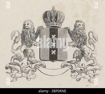 Pays-Bas, Weissenbruch, Isaac, Vignet avec les armoiries de la ville d'Amsterdam, pays-Bas, les armoiries de la ville d'Amsterdam avec une couronne, deux lions et trois croix d'Andreas., impression, hauteur 104 mm, largeur 131 mm, néerlandais, 1826-08-27 - 1912-11-13, graveur, 1836 - 1912, papier, gravure sur bois Banque D'Images