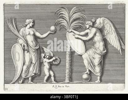 Rome, Rossi, Giovanni Giacomo de', Cité du Vatican, Rapael, Italie, Bartoli, Pietro Sante, Relievens dans la Loggia de Raphaël, Vénus, Amor et Victorie, Rome, Amor et Victorie debout à un palmier., impression, hauteur 127 mm, largeur 177 mm, italien, 1615 - 1700-11-07, graveur, 1645 - 1700, papier, gravure, gravure, gravure (procédé d'impression), dessinateur intermédiaire, dessin de, conception de travail, 1483-04-07 - 1520-04-07, après conception, 1483-04-07 - 1520-07, 1520-04-07, après publication, publication, Banque D'Images