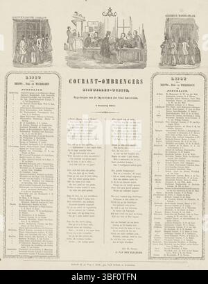 Amsterdam, Kok-van Kolm, Widow C., Amsterdam, courant-ombringers Nieuwjaars-Wensch 1854, Nieuwjaarswens van de Amsterdamse veldverbringers voor het jaar 1854, verso - gestamping, Nieuwjaarswegen au nom des ombenders van werkplaats (krantverbenderers) à Amsterdam pour l'année 1854. Au sommet de trois vignettes avec l'intérieur central d'une société avec messieurs lisant des journaux, a quitté le bureau de l'Amsterdamsche courant, à droite le bureau du General Handelsblad. Au bas d'un poème en deux colonnes avec des listes de journaux, journaux et hebdomadaires aux pays-Bas. Banque D'Images