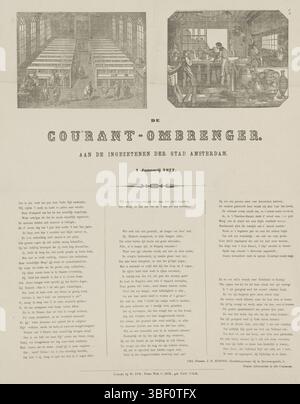 Amsterdam, Kok-van Kolm, veuve C., Amsterdam, Kok, W., pays-Bas, inconnu, de courant-ombringer 1877, Nieuwjaarswens van de Amsterdamse kroonbringers voor het jaar 1877, verso - gestamping, Nieuwjaarswens au nom des ombenderers van kroepen (krantbijpers) à Amsterdam pour l'année 1877. En haut de deux vignettes avec des scènes dérivées de livres, a quitté la bibliothèque de l'Université de Leyde, droite l'atelier pour (métaux ?) vases. Au bas d'un poème en trois colonnes. Du générateur actuel : J.H. Koning., print, New Year's Wish, Prints, Frederik Muller plaques d'histoire, hauteur 490 M. Banque D'Images