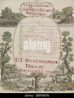Pays-Bas, pays-Bas, Wenbrief met Adam en Eve in het paradijs, pays-Bas, recto - manuscrit à l'encre rouge et verte, Wenbrief met overschrift cartouche binnen een cadre décoratif met voorgestingen van Adam en Eve in het Paradise. Message manuscrit en calligraphie (poème d'anniversaire) de Johannes Ladiges à sa mère., imprimé, imprimé folklorique, lettre de voeux, estampes, impressions folkloriques, verso-estampillé, timbre d'anniversaire, à ma mère bien-aimée, Comment se déroule rapidement le tyd à al, la rébellion ..., hauteur 411 mm, largeur 323 mm, hauteur 384 mm, largeur 326 mm, imprimeur, 1745 - 1745, papier, encre, gravure, Banque D'Images