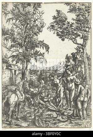 Allemagne, Cranach, Lucas (I), arrêt de Paris, Allemagne, mercure réveille le Paris endormi afin qu'il puisse décider laquelle des trois déesses Junon, Minerve ou Vénus est la plus belle. Les femmes ici ne sont pas distinguables par des attributs., impression, hauteur 363 mm, largeur 262 mm, allemand, 1472 - 1553-10-16, graveur, 1508 - 1508, premier quart du xvie siècle, papier, gravure sur bois Banque D'Images