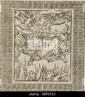 Wittenberg, Cranach, Lucas (I), chute du pape en enfer, le pape est conduit par des démons aux flammes en enfer. Entre les flammes se trouvent déjà le clergé. Illustration de livre dans un cadre rectangulaire avec de beaux ornements. L'impression est imprimée avec plusieurs journaux., impression, illustration de livre, impressions, hauteur 118 mm, largeur 96 mm, hauteur 188 mm, largeur 147 mm, allemand, 1472 - 1553-10-16, graveur, 1521 - 1522, premier quart du xvie siècle, papier, gravure sur bois Banque D'Images