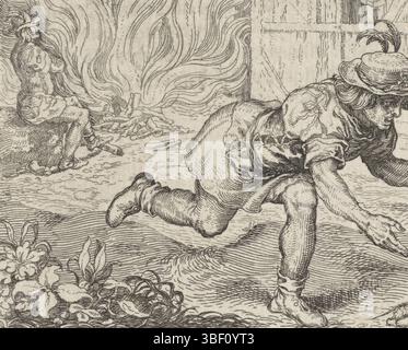 Sadeler, Aegidius, Gheeraerts, Marcus (I), Prague, Sadeler, Fabel van de Farmer en de Mouse, Un fermier court après deux souris. En arrière-plan, sa ferme est en feu et le fermier regarde la maison en feu. La fable décrit comment un fermier ivre a accidentellement mis le feu à sa maison pendant une grande fête. Une souris sort de la maison en feu, mais est attrapée par le fermier et renvoyée dans le feu. La morale de l'histoire enseigne que les amis sont difficiles à trouver quand le bonheur se retourne contre vous., impression, illustration de livre, impressions, hauteur 96 mm, largeur 112 mm, Zuid-Nederlands, 1570 - 1629, gravure Banque D'Images