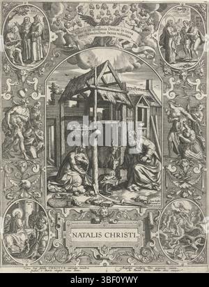 Sadeler, Johann (I), Gheeraerts, Marcus (I), Sadeler, Anvers, les quatre fêtes chrétiennes les plus importantes, Natalis Christi, naissance du Christ : Noël, verso au milieu ci-dessous - estampillé, Marie et Joseph agenouillés par le Christ dans la crèche ; derrière eux le boeuf et l'âne, dans une écurie au toit cassé. Dans la liste d'ornements avec à gauche les bergers, à droite les femmes qui viennent adorer l'enfant. Dans les quatre scènes d'angle du Nouveau Testament en ovales. Chœur d'anges du milieu à un blip sur lequel le texte latin : Vera...canunt., impression, hauteur 290 mm, largeur 222 mm, Zuid-Nederlands, 1550 - 1600-08, imprimeur, 15 Banque D'Images