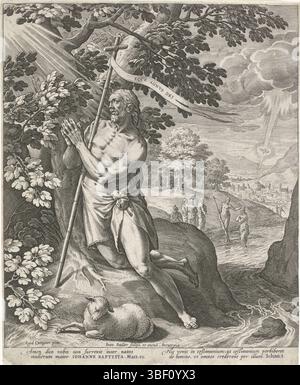 Sadeler, Johann (I), Coignet, Gillis (I), Anvers, Sadeler, Johannes le Baptiste dans le désert, recto milieu en bas - estampillé, Jean le Baptiste, priant sur ses genoux avec un crucifix dans ses mains. Il y a un agneau devant lui. Dans le fond le baptême du Christ., impression, hauteur 244 mm, largeur 198 mm, sud-néerlandais, 1550 - 1600-08, graveur, 1560 - 1586, papier, gravure, gravure (procédé d'impression), 1542-09 - 1599-12-27, après, par peinture, publication (événement), publication, éditeur Banque D'Images
