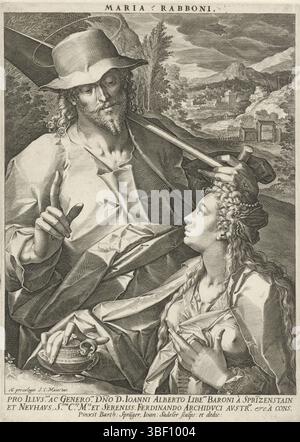 Ferdinand II du Tyrol, Spranger, Bartholomeus, Munich, Sadeler, Johann (I), Maria Rabboni, le Christ apparaît comme jardinier sur Marie Madeleine (Noli mi tangere), à Bartholomeus Spranger, verso en bas à gauche, le Christ ressuscité (à gauche) apparaît à Marie Madeleine (à droite) sous la forme d'un jardinier. Maria Magdalena a un pot de pommade à la main., impression, hauteur 289 mm, largeur 205 mm, pays-Bas du Sud, 1550 - 1600-08, graveur, 1588 - 1595, papier, gravure, gravure (procédé d'impression), 1546-03-21-1611-08, après, peinture, 1529-06-14 - 1595-01-24, fournisseur de privilège Banque D'Images