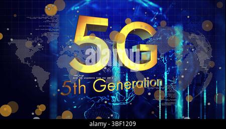 Image de la 5ème génération et globe sur la carte du monde et fond noir Banque D'Images