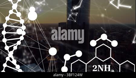Image de l'adn et des structures chimiques avec réseau de connexions sur la vue aérienne du paysage urbain Banque D'Images