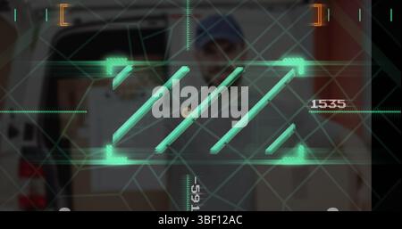 Image de lignes et de chiffres sur un homme caucasien flou dans la voiture Banque D'Images