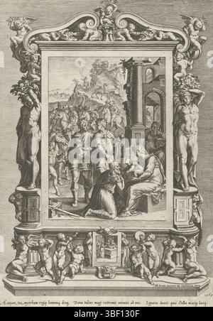 Clovio, Giulio, Rome, Cort, Cornelis, culte par les rois, au milieu de la marge - gravé, culte par les rois dans le cadre architectural avec putti et anges musicaux. Droite Joseph et Marie avec l'enfant sur les genoux devant un bâtiment antique. Les trois rois offrent des cadeaux. Le roi avant est agenouillé, les deux autres sont debout. Derrière eux un défilé avec des cavaliers et des chameaux. Dans le cadre une plaque avec la présentation du Christ dans le temple., impression, verso - estampillé, DO[N] JULIO CLOVIO DE Crovica INVE, en bas à droite - gravé, 1567, Aurum, entre, myrrham Regiq. hominiq. Deocq ;, Dona tulere maki Banque D'Images