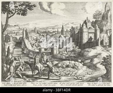 Alciato, Andrea, bol, Hans, Venise, Sadeler, Johann (I), emblèmes dans un paysage, paysage avec l'emblème sur le culte de l'idole d'Isis, verso gauche ci-dessous - estampillé, paysage Hilly avec une ville et les murs. Sur la gauche au premier plan, certains paysans adorent une statue de la déesse féminine Isis transportée sur un âne. À côté de l'âne se trouve un homme qui punit l'animal avec un fouet. L'âne pense que les gens l'adorent à la place d'Isis. C’est l’imagination d’un emblème dans lequel la moralité de l’histoire met en garde contre l’arrogance et l’honneur injustifié. L'imprimé a une légende latine Banque D'Images