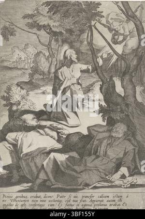 Florimi, Matteo, Boscoli, Andrea, Italie, Jode, Pieter de (I), Passionis et resurrectionis, passion du Christ, Christ à la cour de Gethsémané, verso sous - estampillé, Christ priant à la cour de Gethsémané. Du ciel, un ange apparaît avec un calice. Peter, John et James dorment au premier plan. En arrière-plan, avec Judas, un groupe de soldats s'approche. Dans la marge une légende de quatre lignes en latin. Tirage d'une série de quinze avec la passion du Christ., tirage, hauteur 185 mm, largeur 129 mm, sud-néerlandais, 1570 - 1634-08-09, graveur, 1590 - 1632, papier, gravure, gravure (pri Banque D'Images