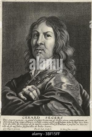 Meyssens, Joannes, Seghers, Gérard, Anvers, Jode, Pieter de (II), Portrait de Gerard Seghers, verso en bas à droite - estampillé, Busteportret par Gerard Seghers. Il porte une chaîne autour du cou et brise ses bras ensemble. Dans la marge, le nom du portrait et une légende de quatre lignes en français., impression, hauteur 163 mm, largeur 113 mm, Zuid-Nederlands, 1606-11-22 - 1674, imprimeur, 1628 - 1670, papier, gravure, gravure (procédé d'impression), gravure, etsen, 1591 - 1651-03-18, après, After Painting, publication (événement), publication, 1612-05-17 - 1670-09-18, éditeur Banque D'Images