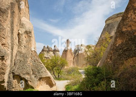 Le paysage surréaliste de la Cappadoce présente des formations rocheuses de cheminée de fées uniques. L’activité volcanique et l’érosion ont sculpté ces merveilles géologiques sur mil Banque D'Images