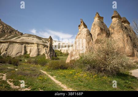 Le paysage surréaliste de la Cappadoce présente des formations rocheuses de cheminées de fées uniques, façonnées par l'activité volcanique et l'érosion sur des millions d'années. Une popula Banque D'Images