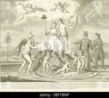 Rotterdam, Derens en Comp., J.H et G.J., Bakker, pays-Bas, Bendorp, Carel Frederik (I), de Vryheid, Allegorie op de Vrijheid, 1795, Rotterdam, verso - estampillé, 1795. La liberté est assise sur une colline en plein champ tandis que le temps lui offre un empire éternel, un serf la couronne, et la paix s'appuie sur elle. A droite, un huzar français conduit le Hollandais libéré à la liberté. En arrière-plan, les terres forcées sont chassées par l'armée (française) qui avance. Explication de la performance dans la légende de cinq lignes. Voir aussi le pendentif., impression, Frederik Muller Historyplaten, hauteur 341 mm, largeur 405 mm, Noord-Ned Banque D'Images