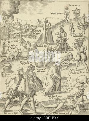 Doetechum, Joannes van (I), Nederlanden, Doesechum, de Blauwe Huyck (page 2), de Blauwe Huyck (page 2). Différents proverbes sur une feuille : dese sith between two chair indeasse, L.o. : Dith is an earblazer, R.b. : Deseruert den Dijm, Center : dese beschit de gehele werelt., print, Frederik Muller Historyplaten, hauteur 370 mm, largeur 288 mm, Noord-Nederlands, 1530 - 1605, graveur, 1577 - 1577, quatrième quart du XVIe siècle, papier, gravure, gravure (procédé d'impression), publication (événement), publication, éditeur Banque D'Images