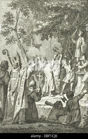 Buys, Jacobus, Netherlands, Vinkeles, Reinier (I), par ordre de Willibrord, l'idole de Wodan est brisée à Westkapelle, 695, l'idole de Wodan à Westkapelle est brisée., estampes, historioprent, estampes, Frederik Muller Historieplaat, hauteur 82 mm, largeur 55 mm, Noord-Nederlands, 1741-06-19 - 1816-01-30, graveur, 1780 - 1795, quatrième quart du xviiie siècle, papier, gravure, etsen, 1724-11-19-19 - 1801-04-07, dessinateur intermédiaire Banque D'Images