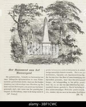 Pays-Bas, Het Monument aan het Menenpad, Mémorial commémorant les combats au Manpad en 1304, pays-Bas, Mémorial érigé en 1817 à la mémoire des combats au Manpad à Heemstede : la victoire et l'expulsion des Flamands le 26 avril 1304 et un épisode du siège de Haarlem le 8 juillet 1573. Monument entouré d'une clôture, un homme et un garçon à côté. Double feuille pliée avec texte décrivant les événements commémorés avec le monument., impression, plaques d'histoire Frederik Muller, hauteur 192 mm, largeur 170 mm, graveur, 1835 - 1838, deuxième quart 19ème siècle, papier, gravure sur bois, Banque D'Images