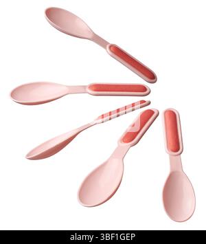 ensemble de cuillères en plastique pour bébé fond blanc isolé, cuillères rose clair avec poignée rougeâtre sur la poignée, conçu pour une alimentation sûre dans différents angles Banque D'Images