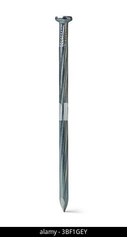 long clou en béton métallique isolé fond blanc, attache simple utilisée dans les matériaux durs comme le béton, la brique ou la maçonnerie avec tête ronde plate Banque D'Images