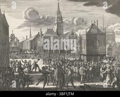 Luyken, Jan, Amsterdam, Luyken, d' image comment on a unytgeleydt le Magistraet et Geestelyheyt der stadt Amsterdam, en t' ship gebraght den 26 mai. 1578, modification d'Amsterdam, 26 mai 1578, 26 mai 1578. Le gouvernement de la ville à l'esprit espagnol et le clergé romain sont forcés de partir, sur le quai du barrage ils entrent dans des bateaux prêts., estampes, historien, estampes, Frederik Muller Historyplaten, hauteur 272 mm, largeur 350 mm, Néerlandais du Nord, 1649-04-16 - 1712-04-05, graveur, 1679 - 1679, papier, gravure, conception d'œuvres, Nord des pays-Bas, selon leur propre conception de, 1726 - 1726 Banque D'Images