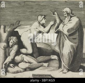 Cité du Vatican, Michel-Ange, Italie, Bonasone, Giulio, création d'Eva, verso - estampillé, Dieu crée Eve à partir de la côte de l'Adam couché., impression, hauteur 194 mm, largeur 214 mm, italien, 1510 - 1576, graveur, 1501 - 1580, papier, gravure, gravure (procédé d'impression), concept de travail, 1475-03-06 - 1564-02-18 Banque D'Images