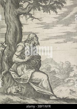 Italie, Guarinoni, Luca, Jean-Baptiste dans le désert, Italie, verso - estampillé, Jean-Baptiste assis sous un arbre dans le désert. A côté de lui sont agneau., impression, hauteur 204 mm, largeur 151 mm, italien, graveur, 1569 - 1569, papier, gravure, gravure Banque D'Images