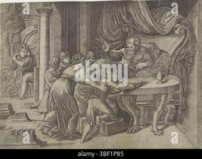 Cité du Vatican, Raphaël, Italie, Veneziano, Agostino, Isaac bénit Jacob, verso - estampillé, Isaac se trouve dans son lit et bénit son fils Jacob. Jacob, qui s'est déguisé en son frère Esau, apporte de la nourriture à son père. Dans le fond gauche Esau entre., impression, hauteur 225 mm, largeur 305 mm, italien, 1490 - 1536, graveur, 1524 - 1524, papier, gravure, gravure (procédé d'impression), 1483-04-07 - 1520-04-07, après peinture de Banque D'Images