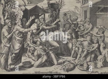 Cité du Vatican, Raphaël, Italie, Veneziano, Agostino, collecte de la manne, recto centre à côté de l'écurie - manuscrite à l'encre brune, les Israélites attrapent et ramassent la manne qui tombe du ciel. À gauche est Moïse., impression, verso - estampillé, 63, recto milieu bas - manuscrit à l'encre brune, 69, hauteur 300 mm, largeur 437 mm, italien, 1490 - 1536, graveur, 1500 - 1536, papier, gravure, gravure (procédé d'impression), 1483-04-07 - 1520-04-07, dessinateur intermédiaire Banque D'Images