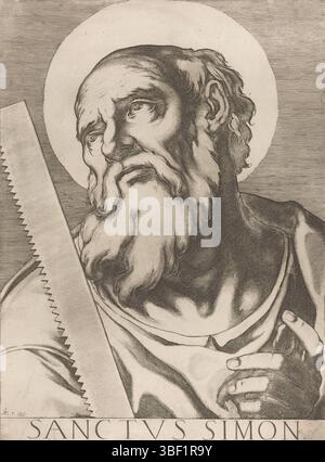 Italie, Schiaminossi, Raffaello, Italie, il sacrato collegio apostolico, Christ, Marie et les douze apôtres, Sanctus Simon, Saint Simon Zelotes, verso - estampillé, Saint Simon Zelotes avec scie. Autour de sa tête une nymbus circulaire. Titre dans la marge inférieure., impression, hauteur 507 mm, largeur 374 mm, italien, 1572 - 1622, graveur, 1606 - 1606, papier, gravure, ton de feuille, conception de travail, selon sa propre conception Banque D'Images