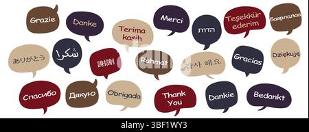 Many colorful speech bubbles containing 'thank you' in different languages arranged on a white background Illustration de Vecteur