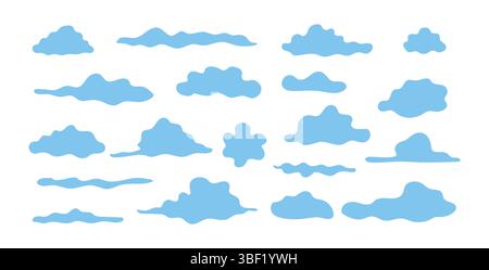 Collection de nuages bleus dans diverses formes sur fond blanc isolé. Concept des éléments du ciel, symboles météorologiques, Art de la nature, motifs de nuage mignon, M. Illustration de Vecteur