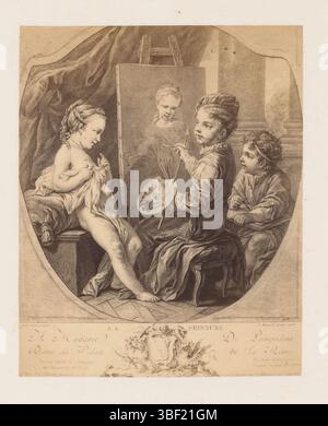 Loo, Carle van, Fessard, Etienne, Paris, petit, Pierre, photoreproduction d'une estampe de trois enfants, dont un peintre, un dessin et un modèle, par Etienne Fessard, recto - manuscrit, cette photo fait partie d'une couverture avec 38 photos et 17 feuilles de texte., photographie, photo, reproduction, photos, livres illustrés photographiquement, PHOTOGRAPHIE des DEUX mondes/ PIERRE PETIT/ 31, Rue Cadet, 31/ PARIS, recto - preegded, 46, hauteur 161 mm, largeur 130 mm, français, 1832-08-15 - 1909-02-16, photographe, 1860 - 1865, papier photographique, papier photo, tirage d'album, impression d'albumine, CON. travail Banque D'Images