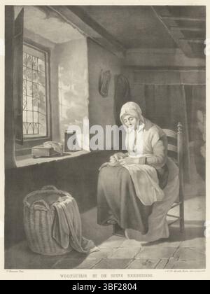 Daiwaille, Alexander Joseph, Kruseman, Cornelis, pays-Bas, vos, Joannes Willem, Woonhuisje bij de ruine Brederode, Vrouw met handwerk bij een window, verso - estampillé, Une femme s'assoit près d'une fenêtre avec de l'artisanat sur ses genoux. Pour elle est un panier à partir duquel un tissu ou un vêtement pend., impression, hauteur 489 mm, largeur 370 mm, néerlandais, 1806-01-01 - 1853, imprimeur, 1828 - 1853, papier, lithographie (technique), conception des travaux, 1797-09-25 - 1857-11-14, selon conception, 1818 - 1888, supervision Banque D'Images