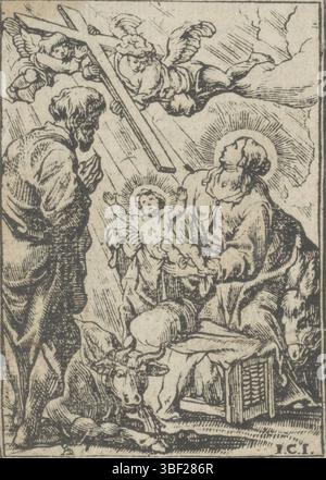 Anvers, Woons, Cornelis, Sallaert, Antoine, Anvers, Jegher, Jan Christoffel, naissance du Christ, verso gauche en bas - estampillé, Marie se tient avec l'enfant Christ dans ses bras dans l'écurie avec le boeuf et l'âne. Joseph est debout à côté de la mangeoire en train de prier. Deux anges tiennent une grande croix au-dessus du Christ Child., impression, illustration de livre, impressions, verso en bas à gauche - estampillé, hauteur 88 mm, largeur 62 mm, 1618-11-03 - 1667-09-18, graveur, 1649 - 1649, papier, gravure sur bois, typographie, impression de livres, Work concept, Zuid-Nederlands, 1585 - 1650, après conception, publication (événement), Publicatio Banque D'Images