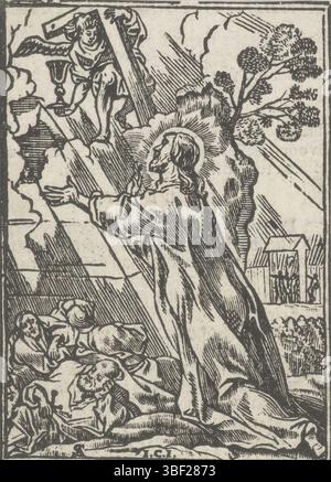 Anvers, Woons, Cornelis, Sallaert, Antoine, Anvers, Jegher, Jan Christoffel, Christ dans le jardin de Gethsémané, verso - estampillé, Christ prie dans le jardin de Gethsémané et demande à Dieu si cette coupe peut le passer. Un ange lui présente la croix et la coupe. Peter, John et James dorment à côté de lui. En arrière-plan, Judas mène un groupe de soldats à travers la porte., impression, illustration de livre, estampes, hauteur 88 mm, largeur 65 mm, 1618-11-03 - 1667-09-18, imprimeur, 1649 - 1649, papier, gravure sur bois, typographie, impression de livres, concept de travail, Zuid-Nederlands, 1585 - 1650, selon la conception o Banque D'Images